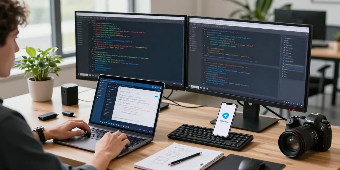 Switching Telegram Chinese language settings on a laptop in an engaging workspace.