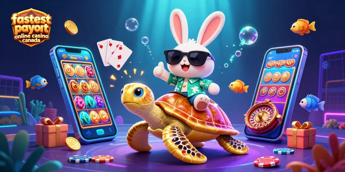 Engage with the fastest payout online casino Canada experience, featuring a lucky rabbit and golden turtle amidst gambling elements.