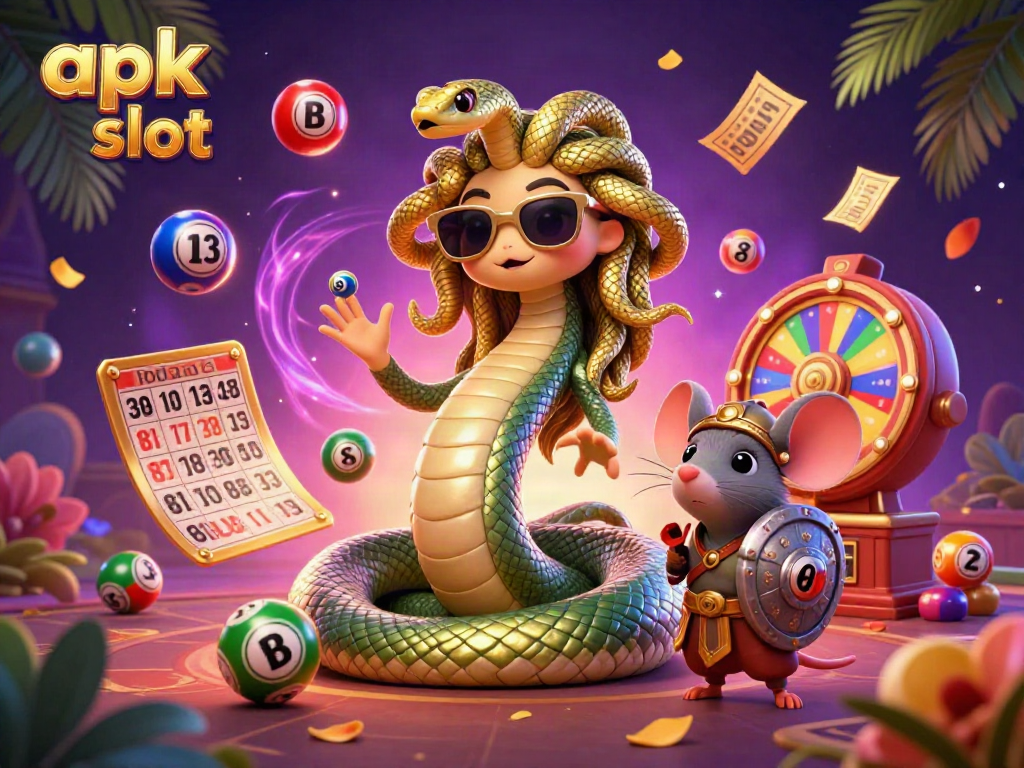 Engage with apk slot in this vibrant 3D scene showcasing lottery elements and interactive characters.