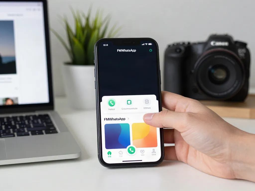 download fm whatsapp app interface on smartphone in stylish workspace