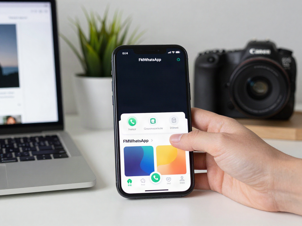 download fm whatsapp app interface on smartphone in stylish workspace