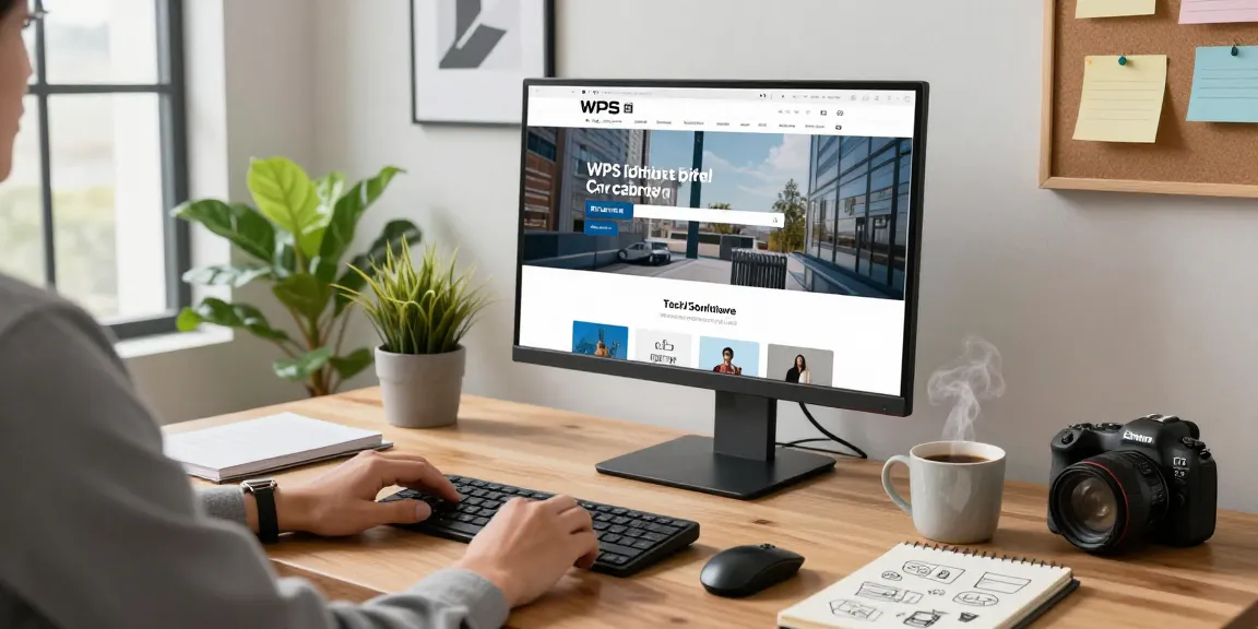 Modern workspace with person viewing WPS Official Website on a computer screen, creating a productive environment