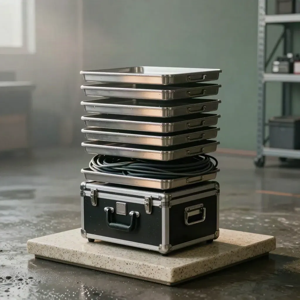 Brushed metal courier trays, lockable file case, and cables on a wet stone plinth in dawn fog.
