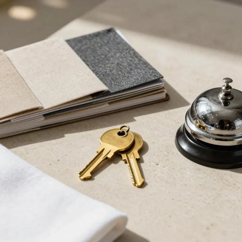Brass room-key tags, linen swatches, and a service bell on pale stone with warm bokeh.