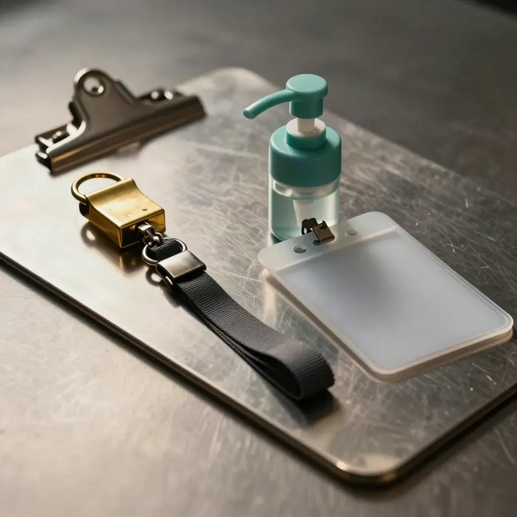 Hospital admin kit with clipboard, badge reel and sanitizer pump on brushed steel.