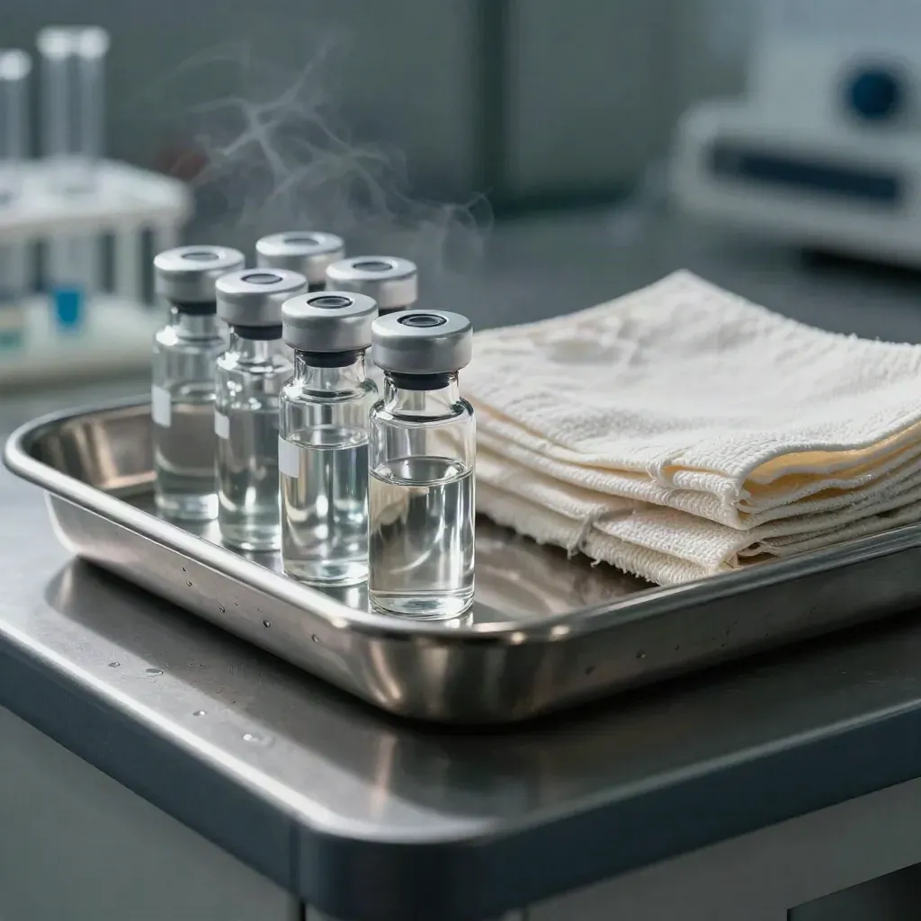 Macro still life of lab vials, stainless tray, and folded cloths on a stone shelf.