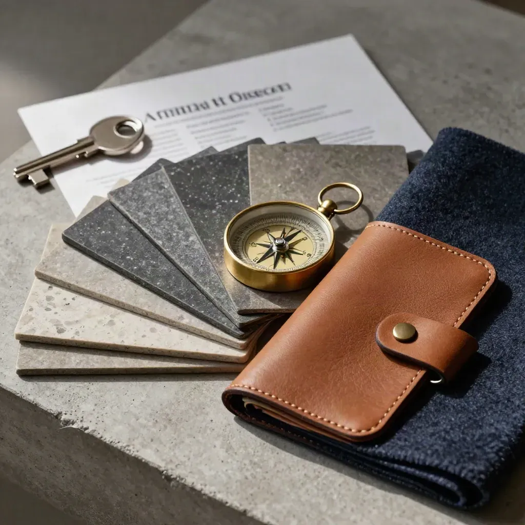Architectural sample kit with stone chips, brass compass, leather clasp, and folded cloth on concrete.
