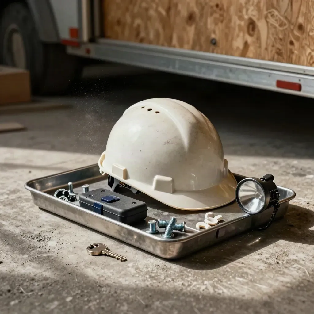 Construction hard hat, parts tray, coupler case, and clip light on a dusted concrete slab.