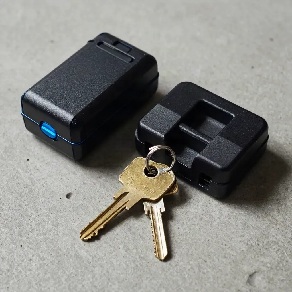 Top-down macro of keys, lockbox and radio charger dock on concrete, cool shadows and spire-blue accent.