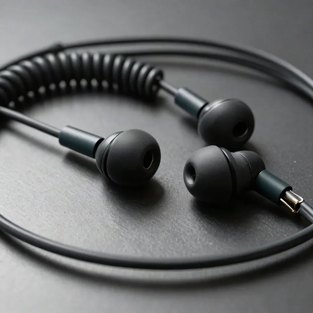 Extreme macro of two matte-black headset earpieces, coiled cables, and tiny clips on graphite.