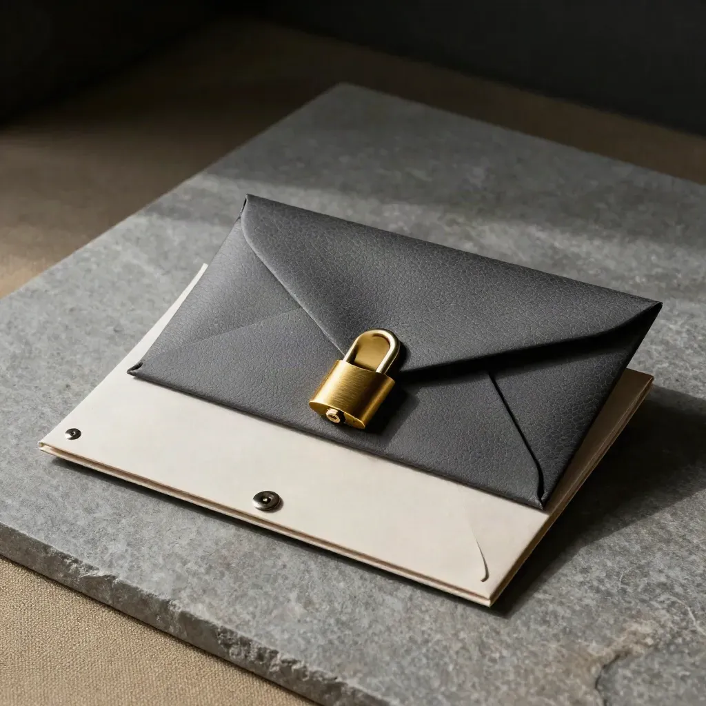 Top-down still life of a secure courier envelope, card sleeve, and steel fasteners.