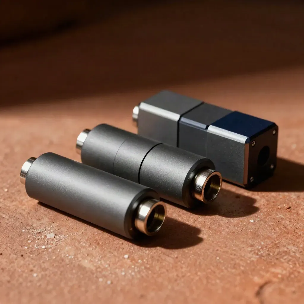 Macro of relay blocks and connector sleeves on terracotta stone with dramatic raking light