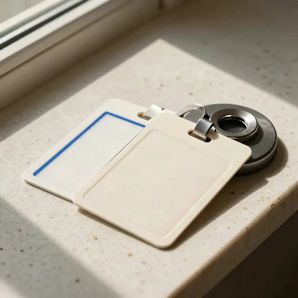 Twin blank ID cards with a dock ring and magnetic cradle on pale travertine, lit from upper left.