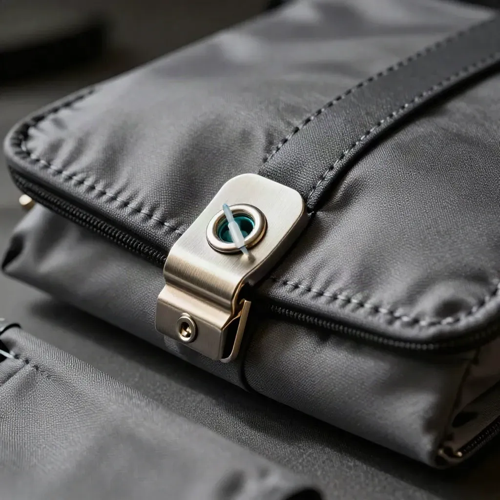 Macro of a courier pouch clasp and threaded cable seal on brushed metal with a teal accent.