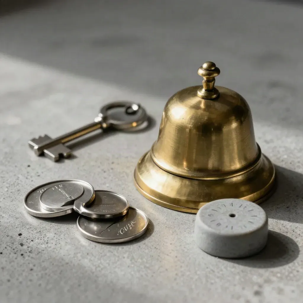 Brass bell beside metal appointment tokens and a slim timer puck on concrete