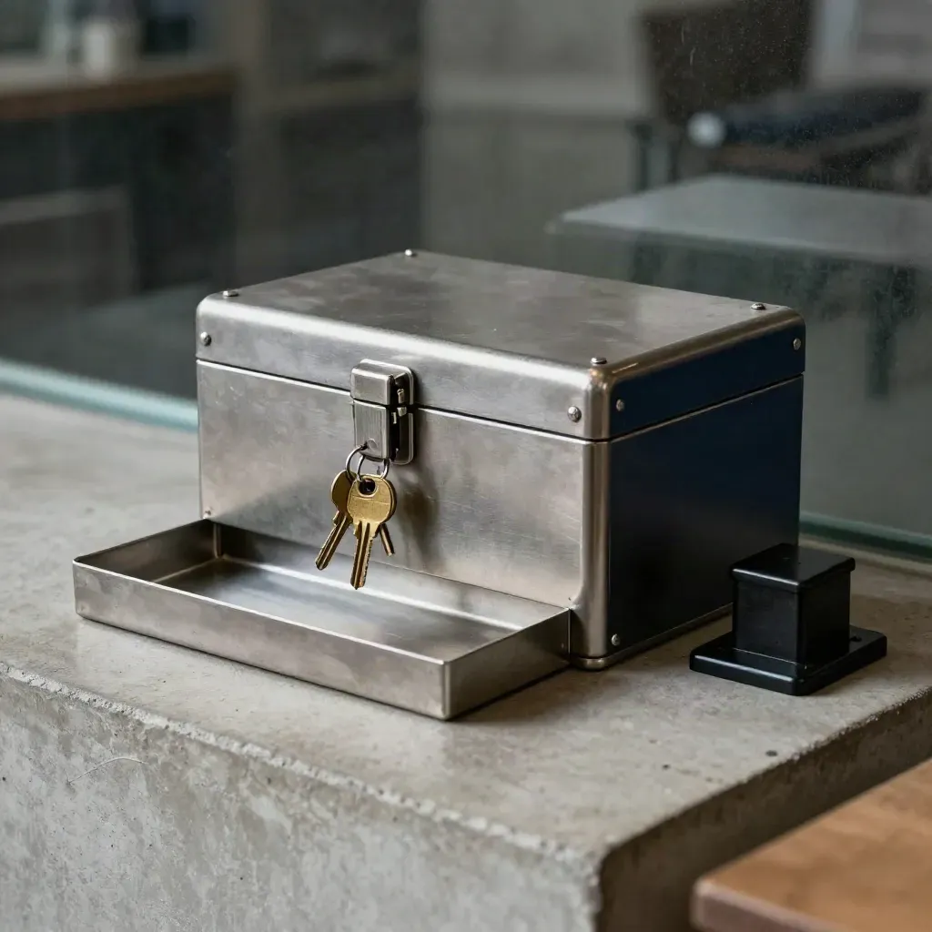 Lockbox, spare keys, metal tray, and counter weight behind frosted glass on concrete.