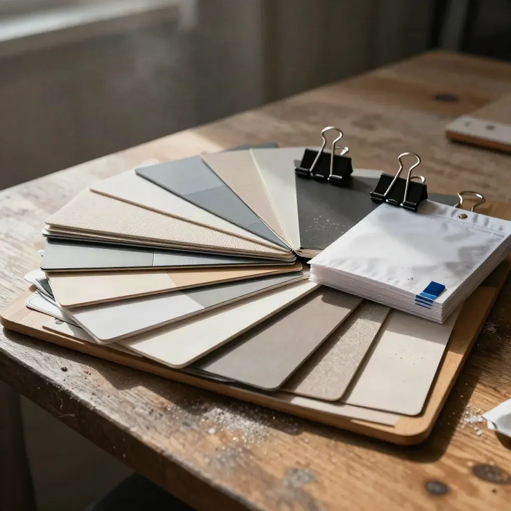 Agency swatch fan, sample boards, binder clips, and courier pouch on pale wood, seen through dark fabric
