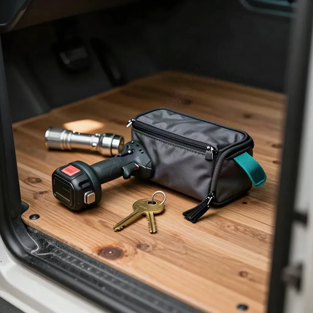 Van kit close-up: battery, brass keys, flashlight, and half-zipped pouch on a cargo floor.