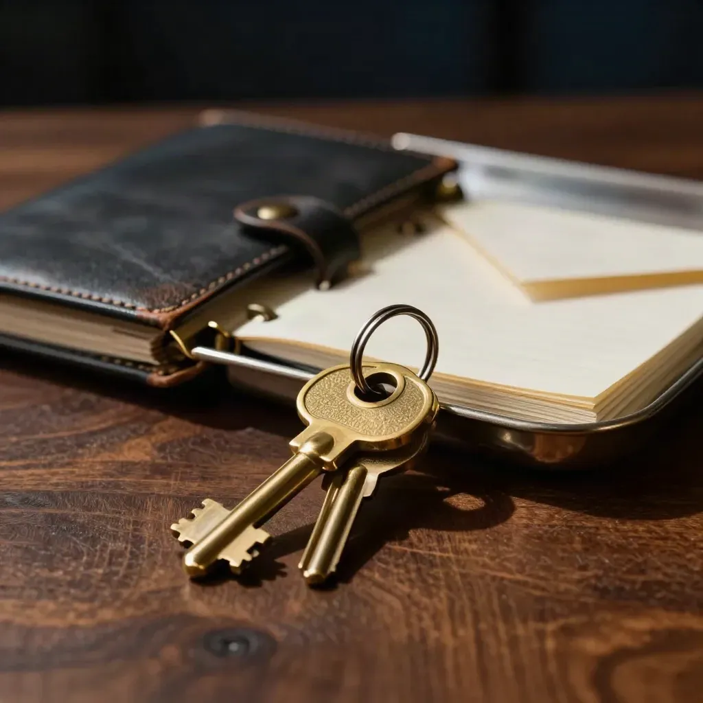Brass keys, closed pocket planner, and a metal tray on dark walnut in dramatic studio light