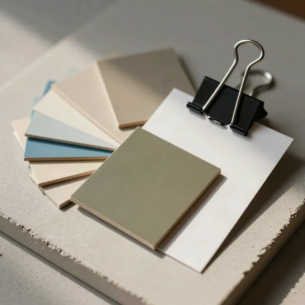 Architectural sample chips clipped on a proof card, top-down on concrete.