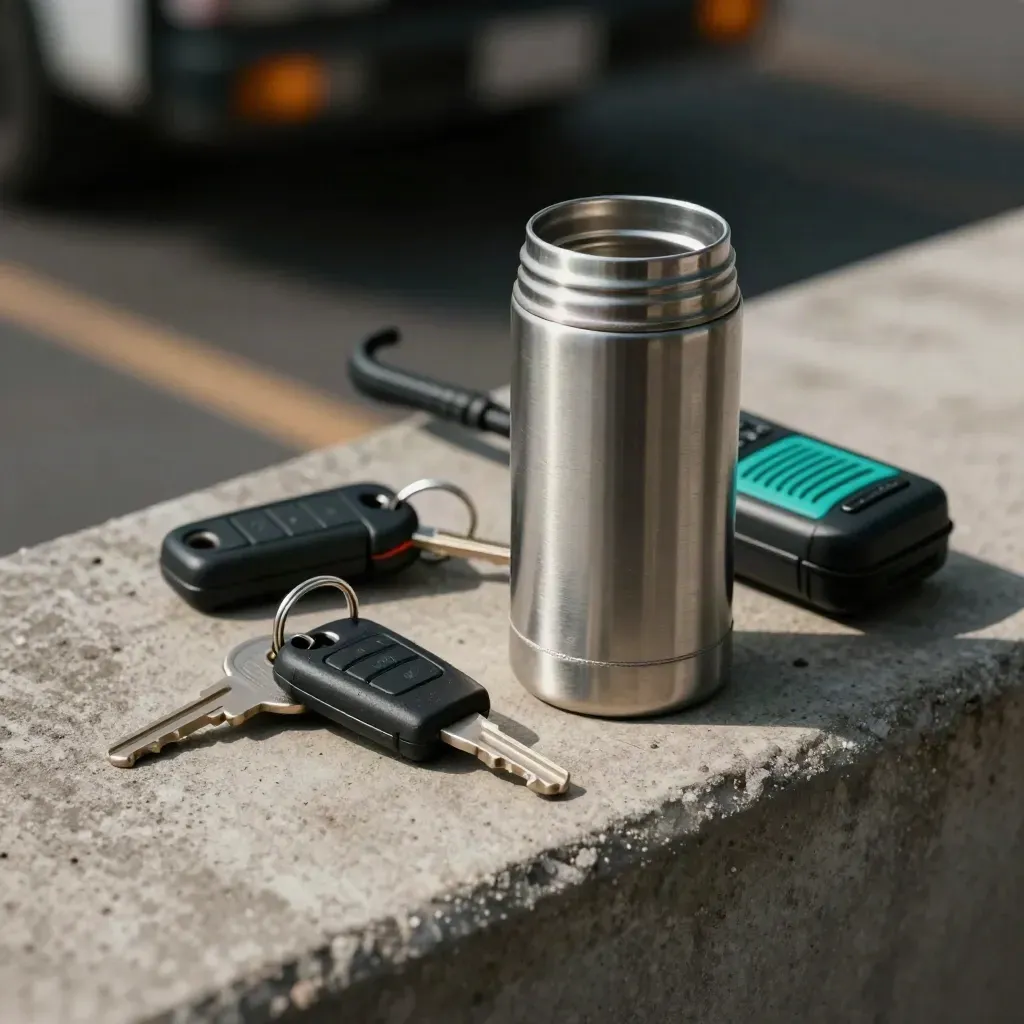 Truck keys, a stainless thermos, and a dispatch radio cradle on a concrete ledge.