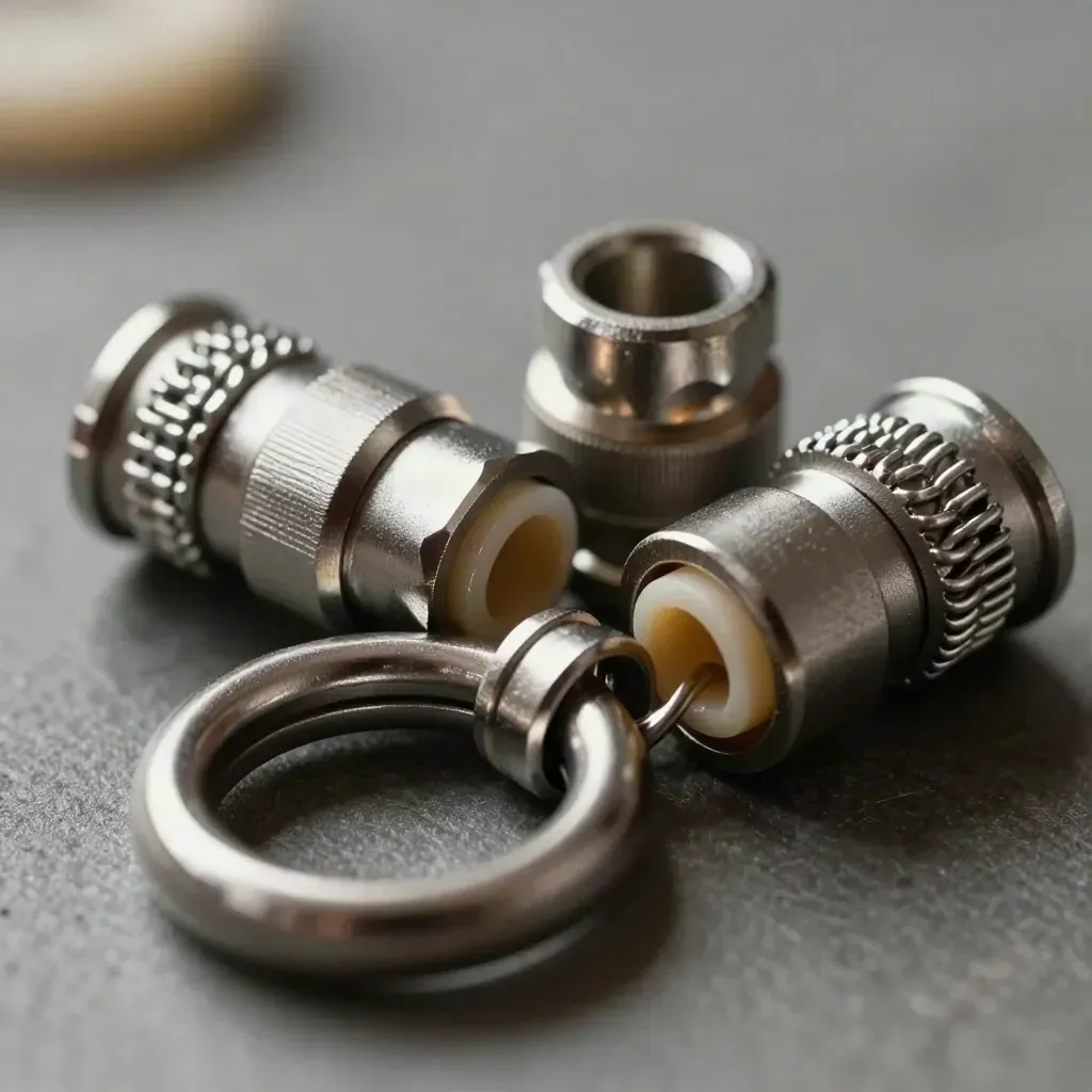Macro of metal couplers and interlocking rings on stone-grey surface, softly lit