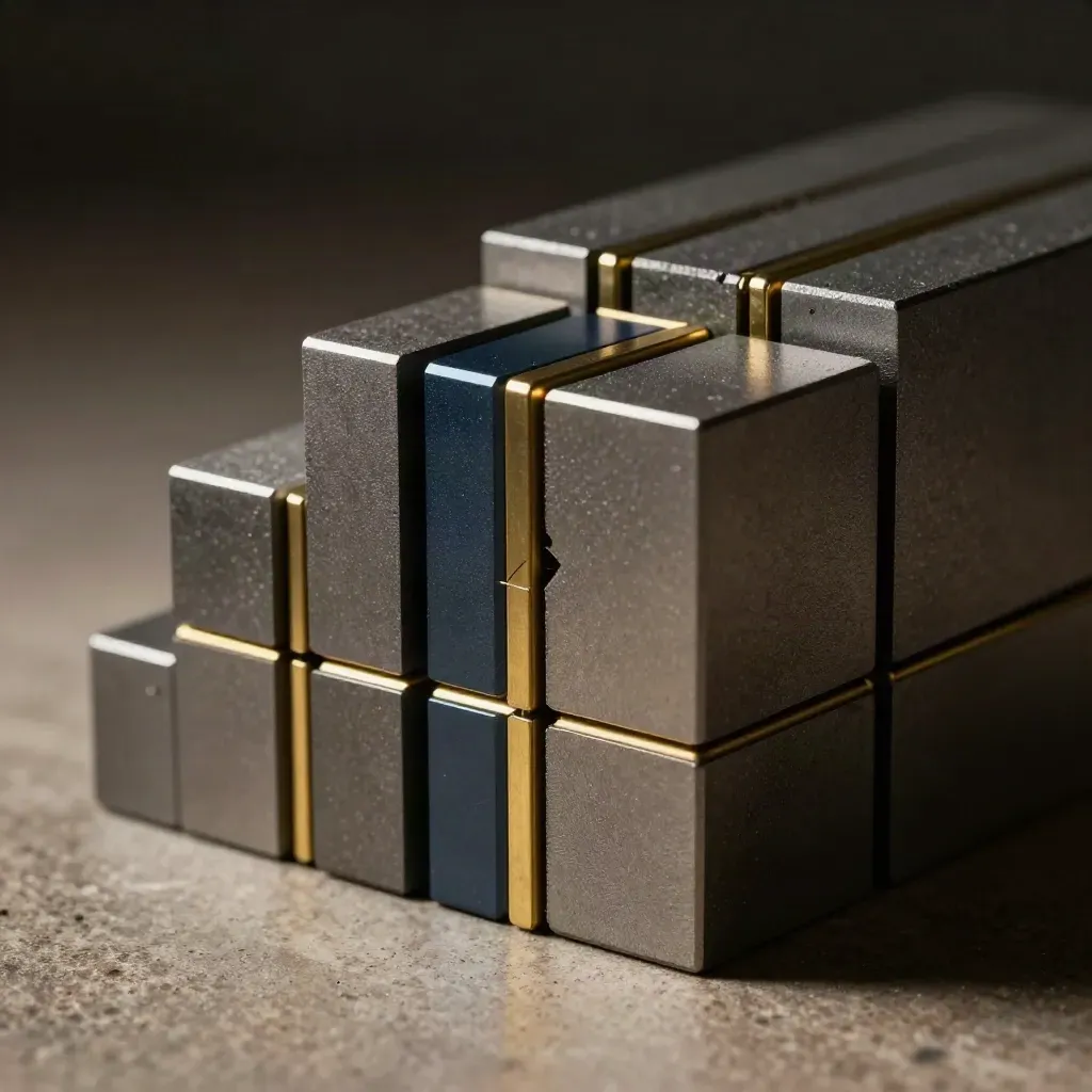 Graphite modular blocks with brass spacers in dramatic still life lighting