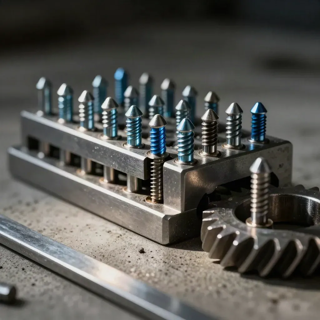Macro of machined brackets, indexed pins and a toothed gear ring on concrete, side-lit with blue accent.