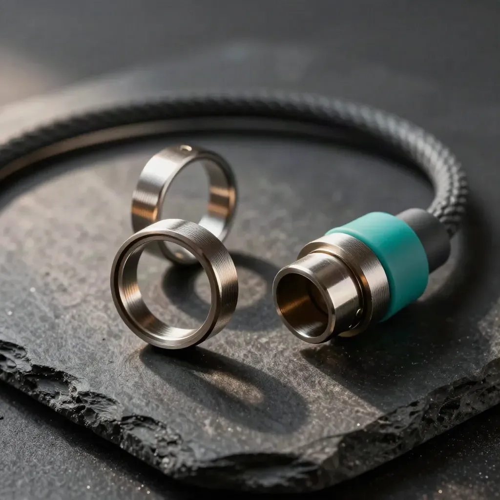Top-down coupling rings, braided cable loop, and connector hub on dark stone with teal accent.