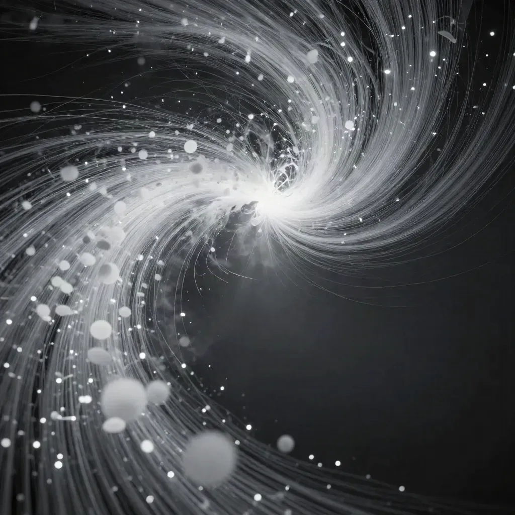 Silver filaments converge into a soft white bloom in deep graphite haze.