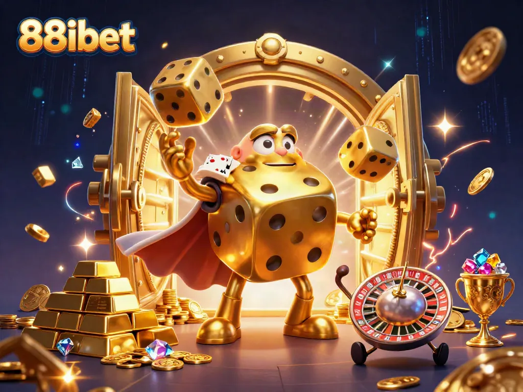 Engage with the excitement of 88ibet's vibrant casino scene featuring golden dice and treasures.