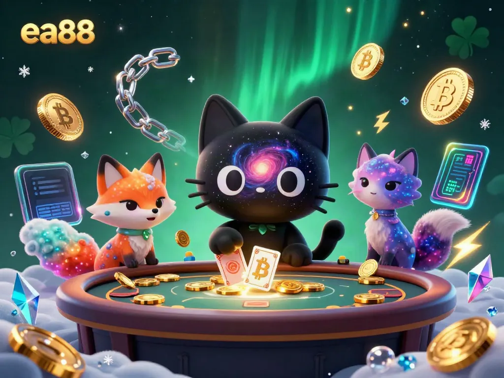 Join the fun at ea88 as the black hole cat pulls in winnings at a cosmic casino table.