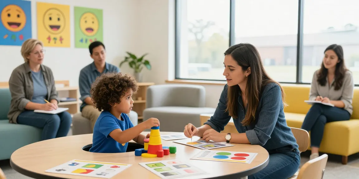 Dynamic learning session demonstrating Progressive ABA Burlington methods, with a therapist engaging a child through interactive play.